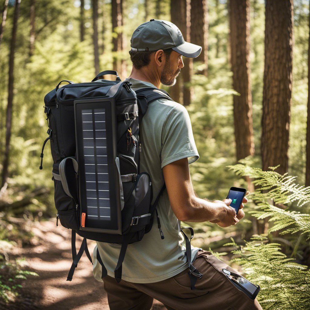 best solar chargers for backpacking. man hiking in forest with solar charger