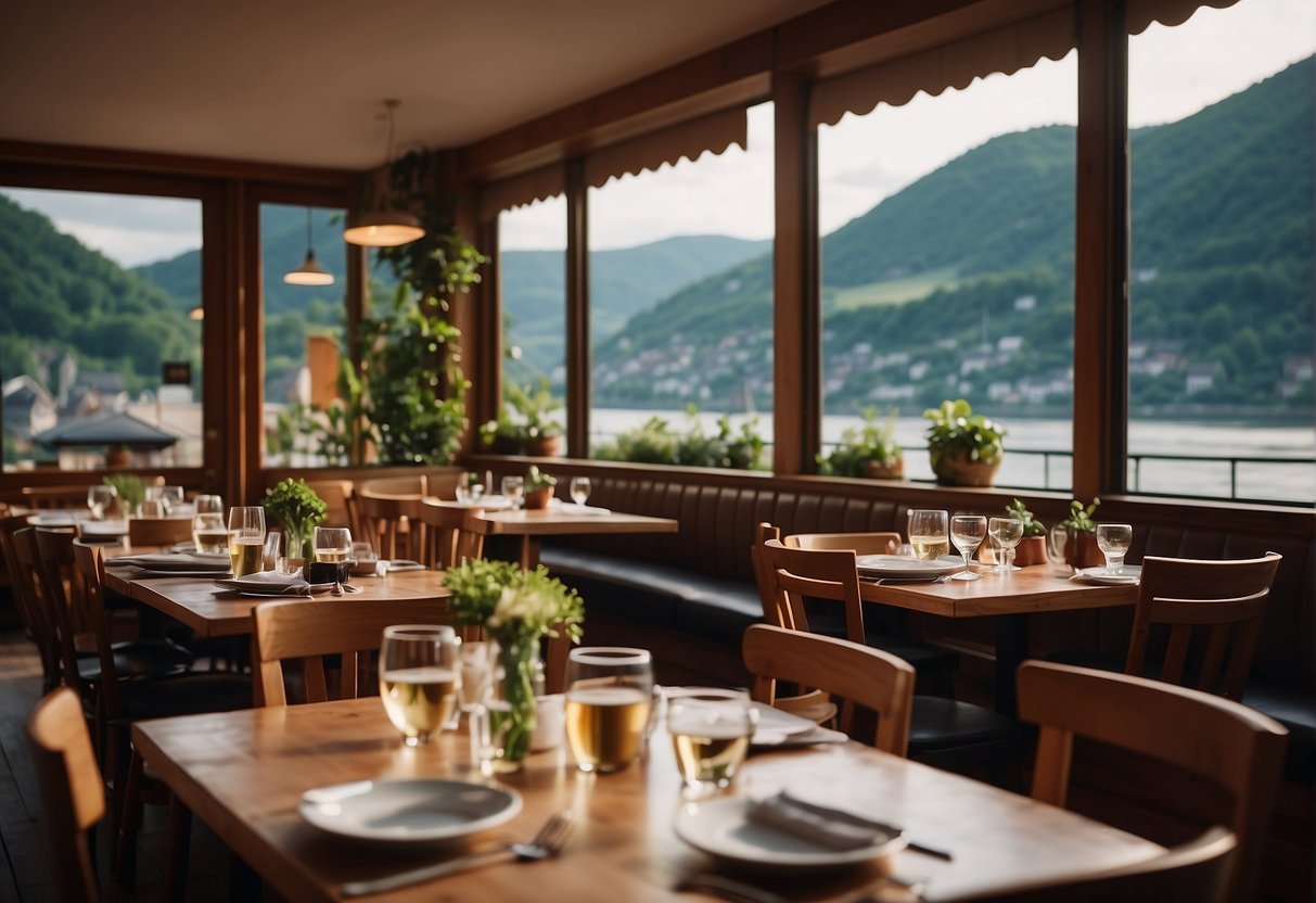 A cozy restaurant in Bacharach serves traditional German cuisine with a view of the Rhine River