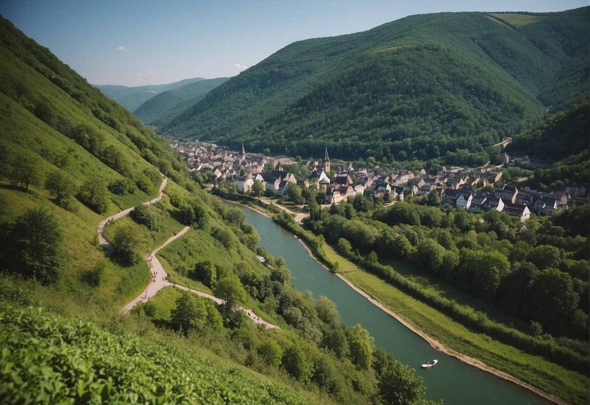 The lush green hills of Bacharach overlook a winding river, with people kayaking and hiking along the banks