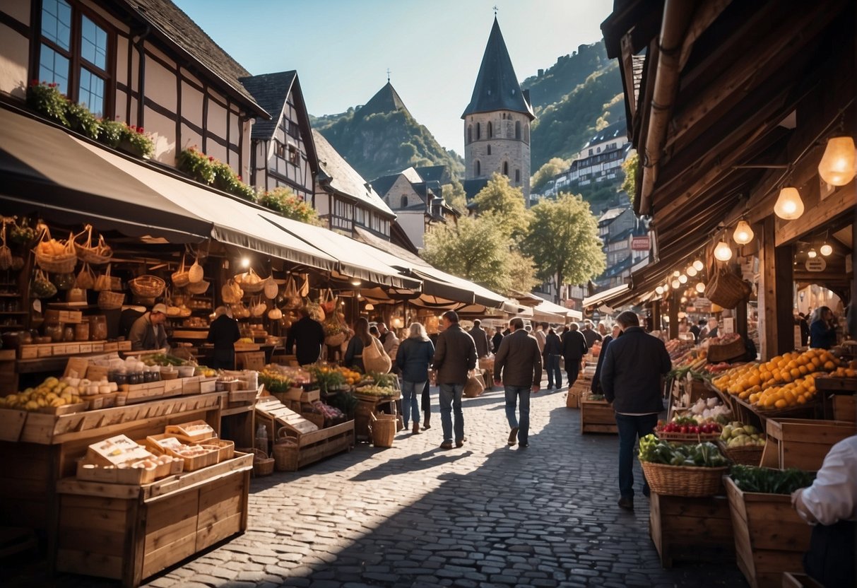 Busy market street with colorful stalls selling souvenirs and local crafts in charming Bacharach. People browsing and shopping, soaking in the lively atmosphere