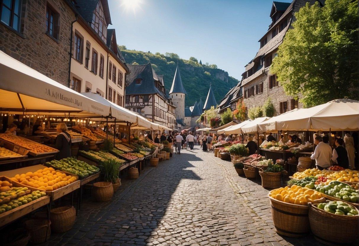 Colorful market stalls line the cobblestone streets, offering a variety of local foods and traditional crafts. A medieval castle overlooks the charming town, adding to the cultural allure of Bacharach