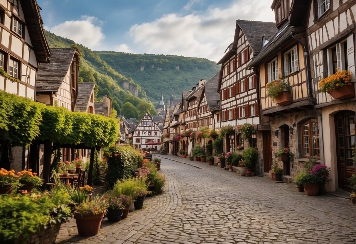 Bacharach's charming half-timbered houses line the cobblestone streets, leading to the picturesque Rhine River. The medieval town is surrounded by vineyards and castle ruins, creating a romantic and historic atmosphere