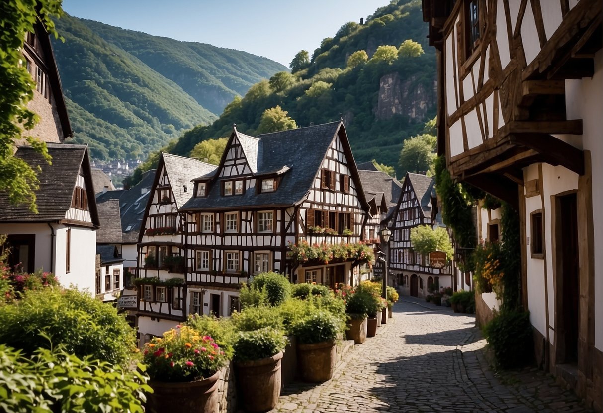 Bacharach's charming half-timbered houses line the cobblestone streets, overlooked by the stunning 12th-century Stahleck Castle perched on the hilltop. The Rhine River flows peacefully alongside the town, with vine