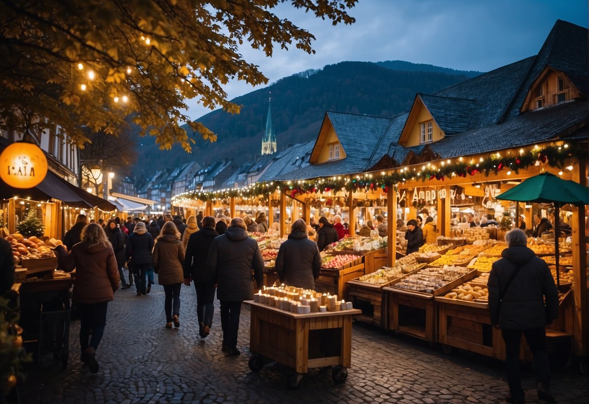 A festive market in Sankt Goar, with colorful stalls and twinkling lights, draws visitors to enjoy seasonal events and experiences