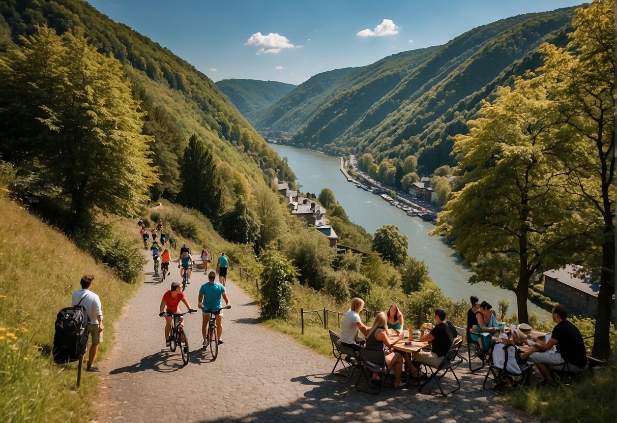 People enjoying outdoor activities in Sankt Goar, including hiking, cycling, and picnicking along the scenic Rhine River