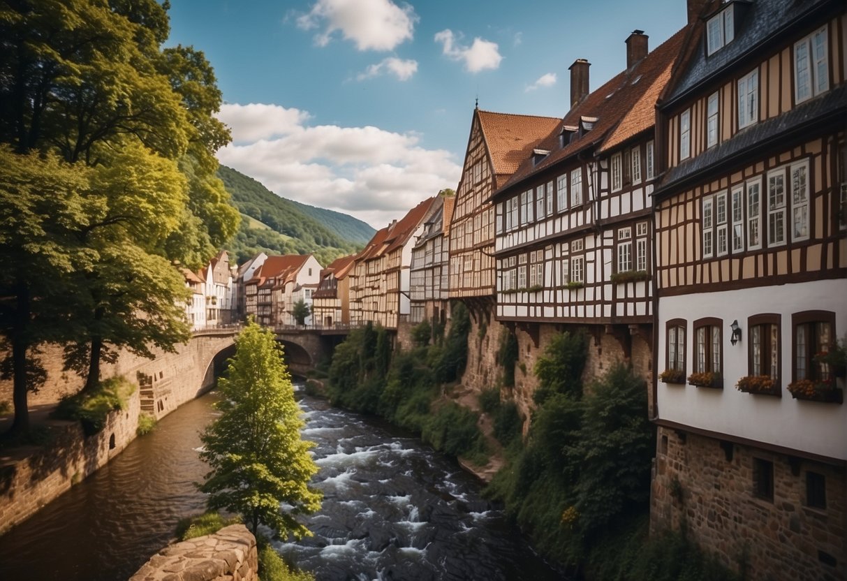 Colorful half-timbered buildings lining cobblestone streets with a backdrop of the Saar River and the iconic Leuk River waterfall