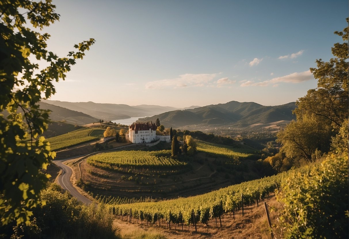 Rolling hills, vineyards, and a winding river with cruise ships. A castle perched on a hill overlooks the scenic landscape