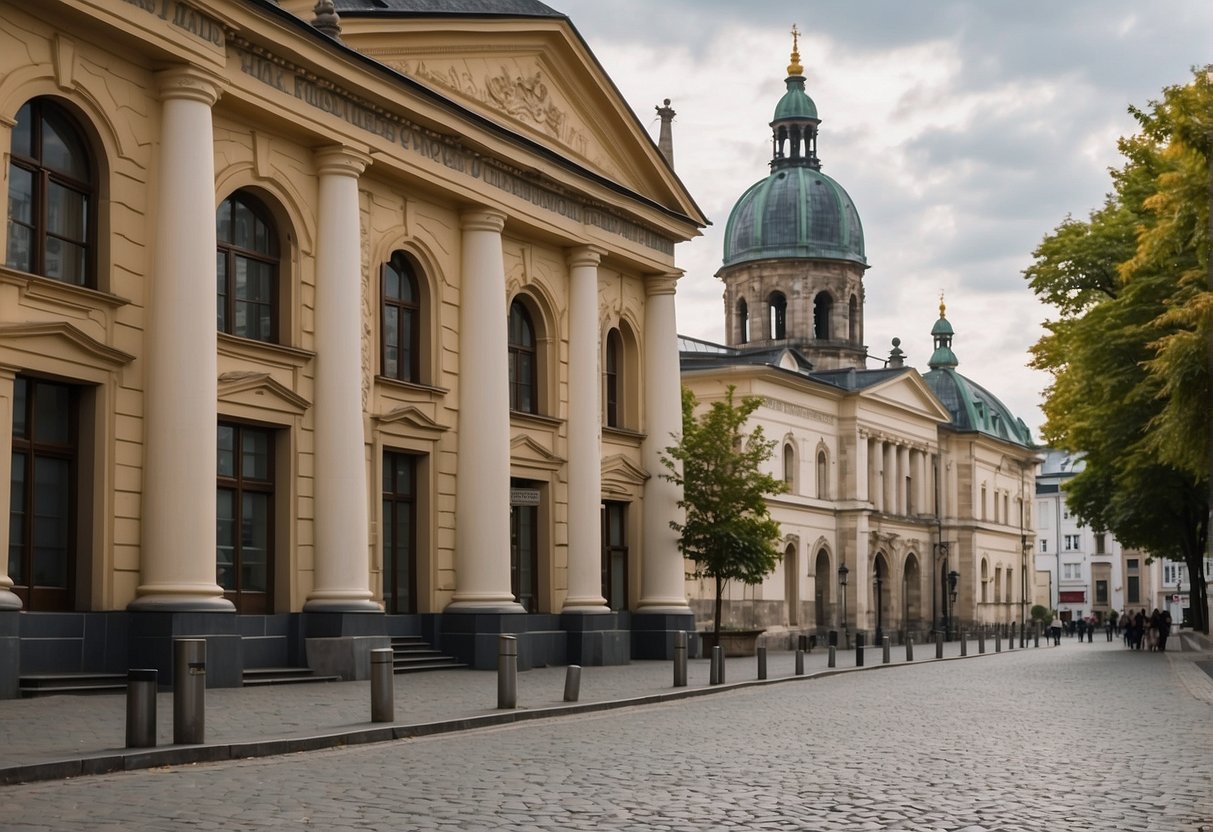 A grand museum building stands against a backdrop of cobblestone streets and historic architecture in Koblenz, showcasing the city's rich cultural heritage