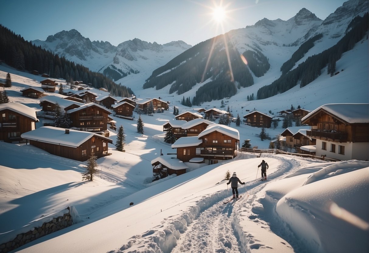 Snow-covered mountains, skiers gliding down slopes, cozy chalets, and snowshoers trekking through the serene winter landscape of Kleinwalsertal