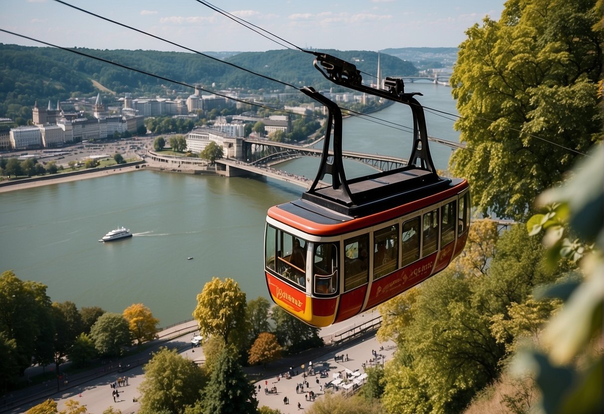 The scene shows Koblenz's cable car ascending over the Rhine River, while visitors explore the historic Deutsches Eck and stroll along the picturesque riverside promenade