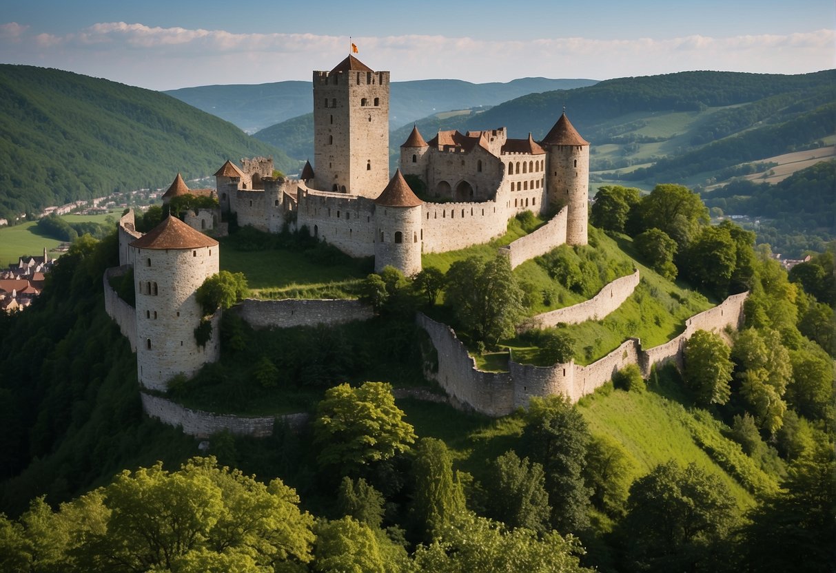 The ancient ruins of Bad Urach castle stand atop a lush green hill, overlooking the picturesque town below. The castle's stone walls and turrets tell the story of its historical significance, making it a worthy visit for history enthusiasts