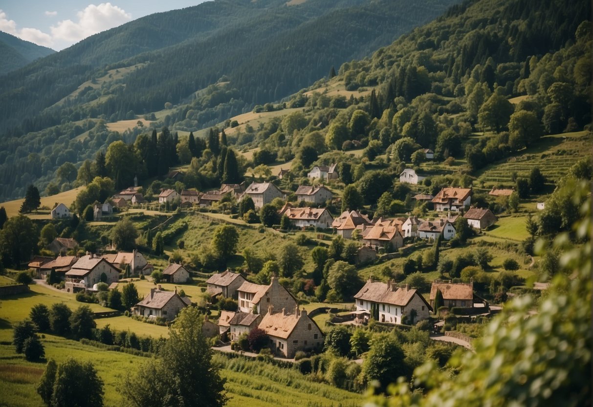 A serene, picturesque village nestled in a lush valley, with quaint cottages and a charming town square. The surrounding landscape is dotted with rolling hills and forests, creating a peaceful and idyllic atmosphere