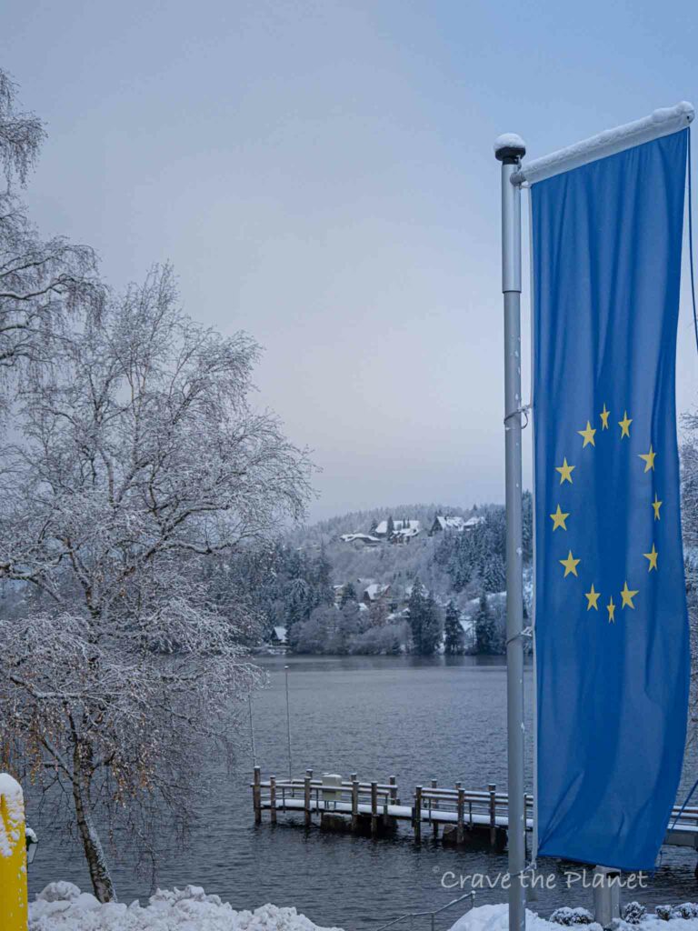 view of the lake titisee with the euro flag in foreground