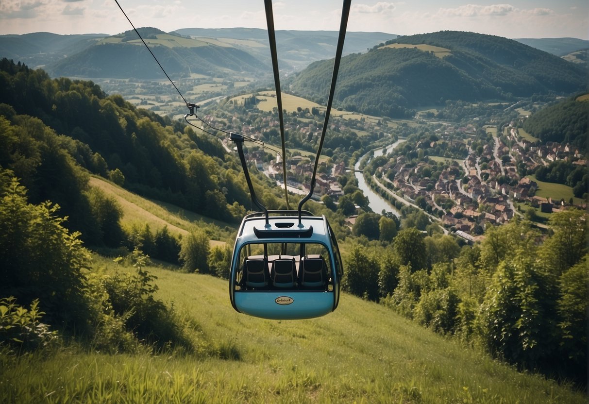 The Saarburg chairlift ascends over lush green hills, with a winding river below and a charming town in the distance