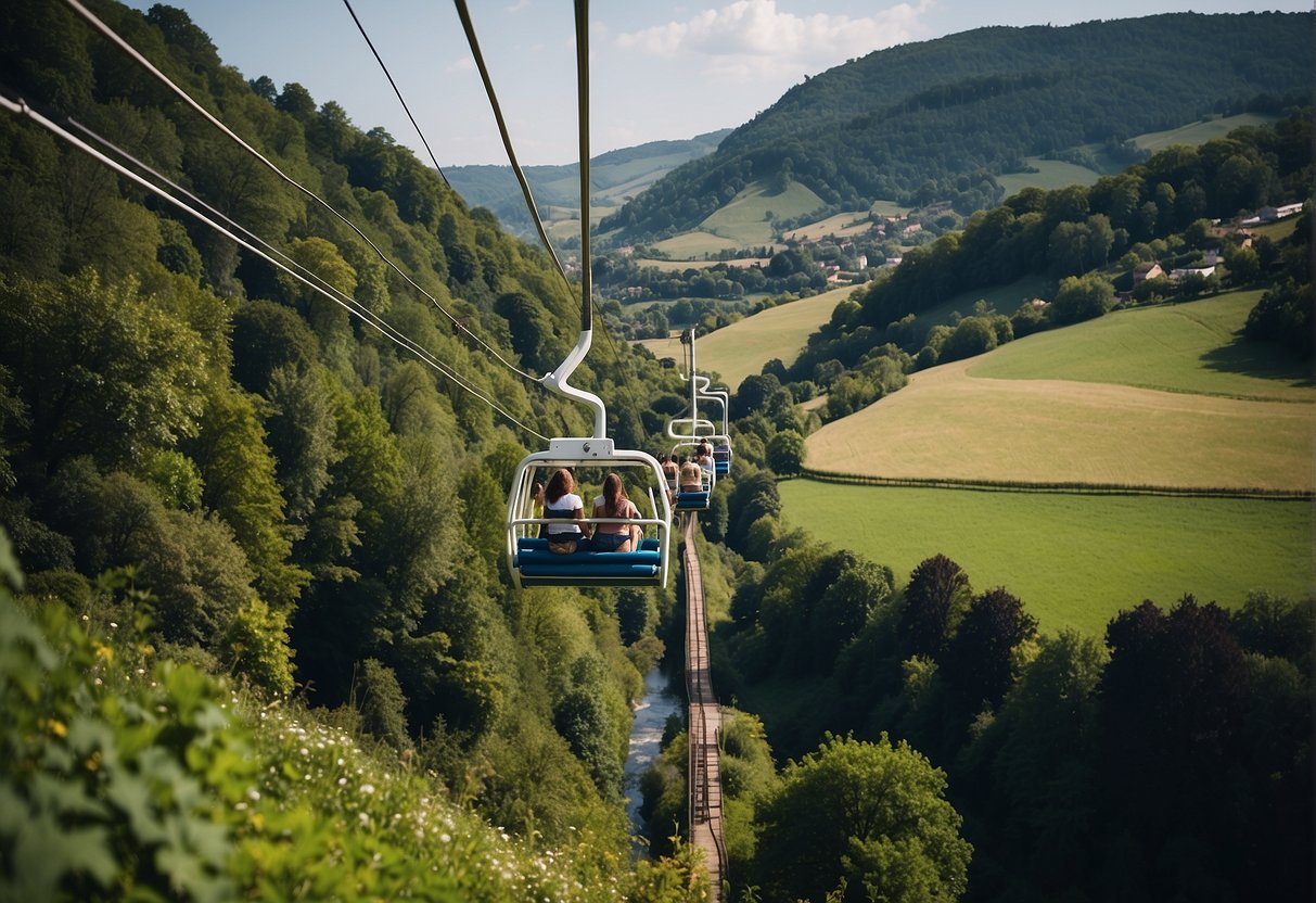 The saarburg chairlift operates smoothly, carrying passengers over lush green hills and a winding river below