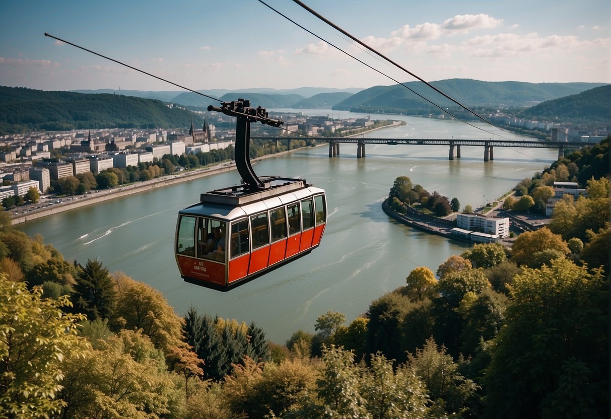 The Koblenz cable car operates with a view of the Rhine River and surrounding landscape